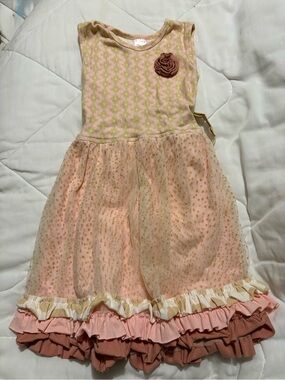 Giggle Moon Pink, Cream and Gold Dot Ruffle Dress